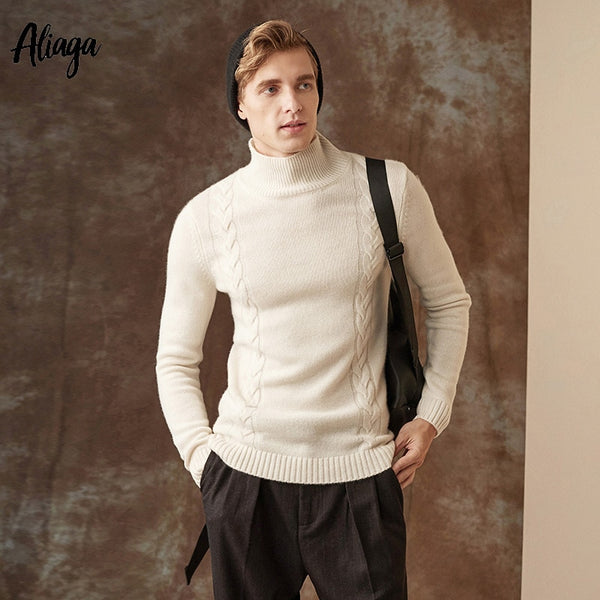 Oversized Korean Men Turtleneck Sweater Pullover Jacquard Knitted Winter Thick Warm 100% Goat Cashmere Jumpers Christmas Tops