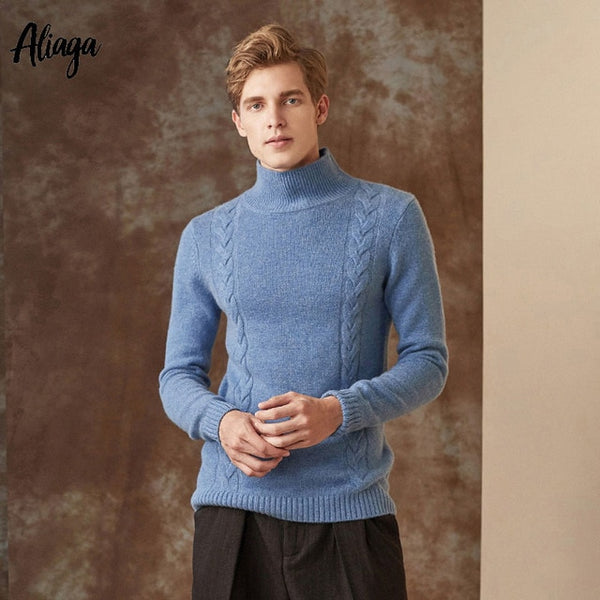 Oversized Korean Men Turtleneck Sweater Pullover Jacquard Knitted Winter Thick Warm 100% Goat Cashmere Jumpers Christmas Tops