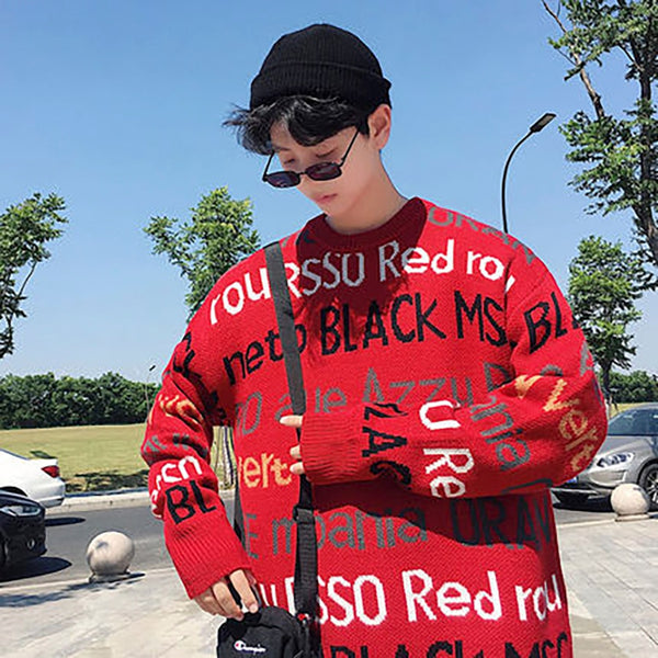 Red Letter Pullover Trendy Sweater Men Cashmere Winter Warm Knitted Full Sweaters Hip Hop College Couple Loose Christmas Clothes