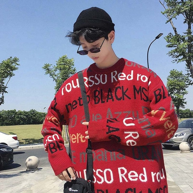 Red Letter Pullover Trendy Sweater Men Cashmere Winter Warm Knitted Full Sweaters Hip Hop College Couple Loose Christmas Clothes