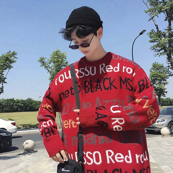 Red Letter Pullover Trendy Sweater Men Cashmere Winter Warm Knitted Full Sweaters Hip Hop College Couple Loose Christmas Clothes