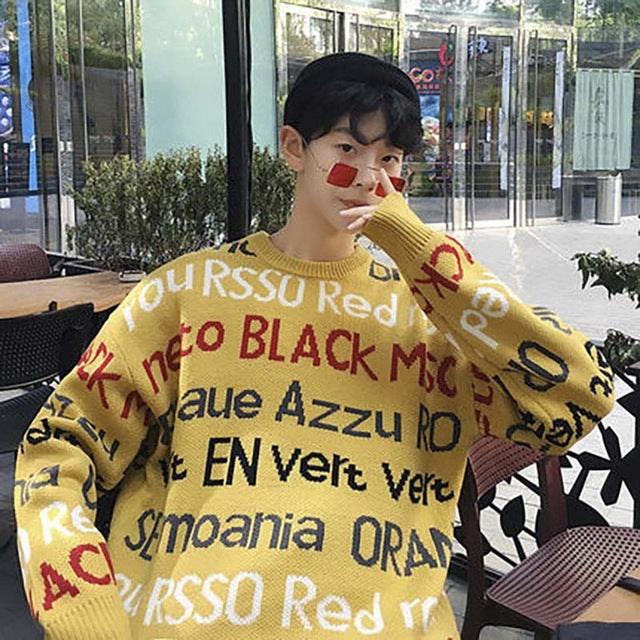 Red Letter Pullover Trendy Sweater Men Cashmere Winter Warm Knitted Full Sweaters Hip Hop College Couple Loose Christmas Clothes