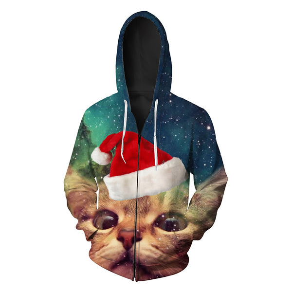 Autumn 2019 Christmas cat printed men's sweater with hoodie suit tide European and American zipper men's clothing Blouse hoodies