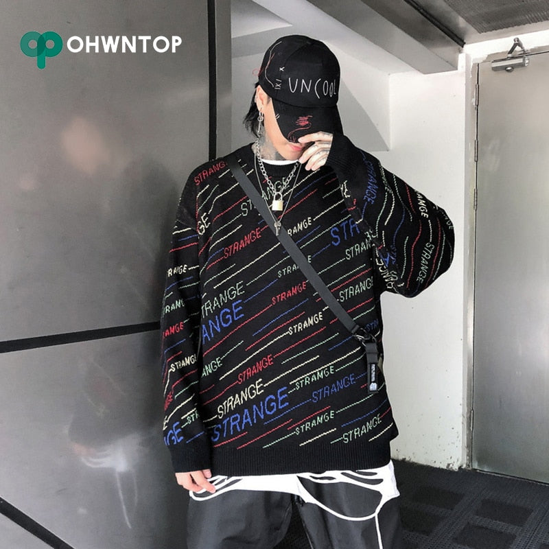 Harajuku Knitted Sweaters Men Hip Hop Letter Print Pullover Christmas Sweater Streetwear Male Fashion Loose Winter Fashion Tops