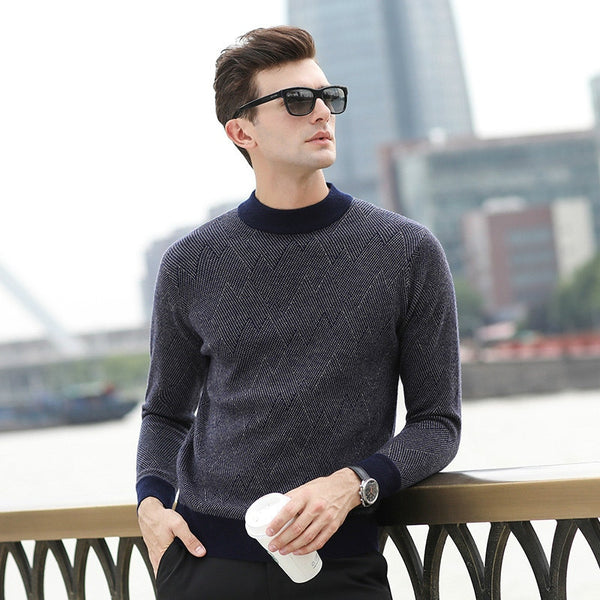 Mens Wool Sweaters2019Autumn And Winter New Casual Striped Round Neck  Wool Sweater Men'S Slim Solid Color Head Men Warm Sweater
