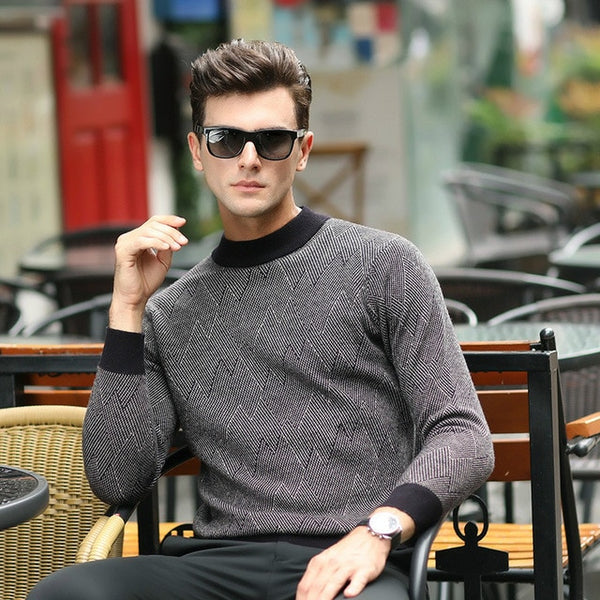 Mens Wool Sweaters2019Autumn And Winter New Casual Striped Round Neck  Wool Sweater Men'S Slim Solid Color Head Men Warm Sweater