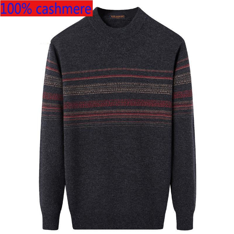 New 100%pure Cashmere Sweater Autumn Winter Warm Thickened High Collar Pullover Men Computer Knitted Striped Casual Size XS-3XL