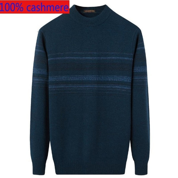 New 100%pure Cashmere Sweater Autumn Winter Warm Thickened High Collar Pullover Men Computer Knitted Striped Casual Size XS-3XL