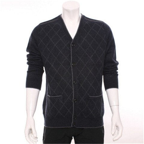 top grade 100%goat cashmere argyle thick knit men fashion single breasted cardigan sweater H-straight dark blue 3color S/2XL