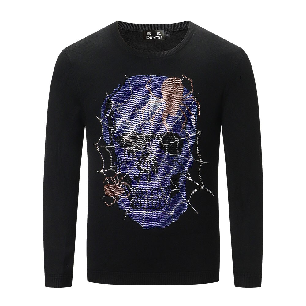 DUYOU Autumn Men's Fashion Trend Comfortable Cotton Rhinestone Spider Web Skull Casual Sweater top Menswear 2019 Male Sweater