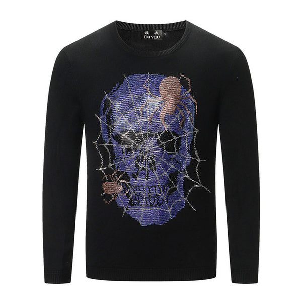 DUYOU Autumn Men's Fashion Trend Comfortable Cotton Rhinestone Spider Web Skull Casual Sweater top Menswear 2019 Male Sweater