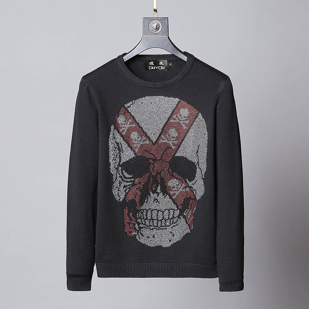 DUYOU Autumn Men's Fashion Trend Comfortable Cotton Rhinestone Cross Skull Casual Sweater top Menswear 2019 Male Sweater