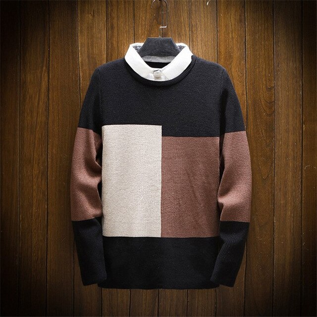 Fake Two Piece Mens Sweaters Winter Long Sleeve O Neck Mens Sweaters Casual Warm Male Tops