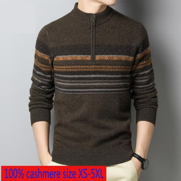 New High Quality Winter 100% Cashmere Zipper Half High Collar Men Thickened Computer Knitted Striped Sweater Plus Size XS-4XL5XL