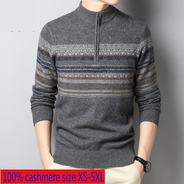 New High Quality Winter 100% Cashmere Zipper Half High Collar Men Thickened Computer Knitted Striped Sweater Plus Size XS-4XL5XL