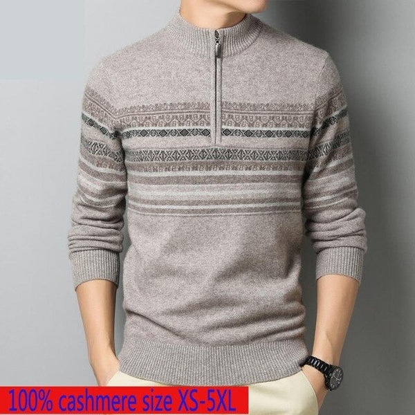 New High Quality Winter 100% Cashmere Zipper Half High Collar Men Thickened Computer Knitted Striped Sweater Plus Size XS-4XL5XL