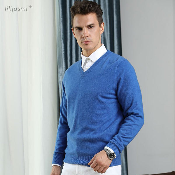 HOT! 2019 Basic Sweaters Men's 100% Cashmere Knitted Sweater V-neck Solid Color Male Pullovers Flat-knit Autumn Winter Must Buy