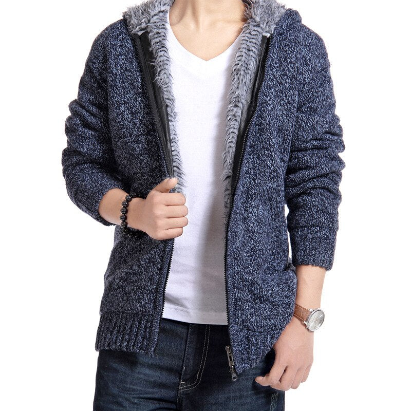 New Knitting Zipper Men Hooded Cap Sweater Winter Thickening Warm Long Sleeves Slim Cardigan Jackets Fashion Casual Man Coat