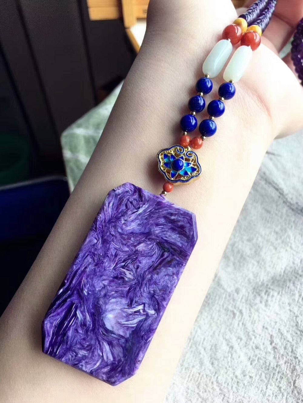 Genuine Natural Purple Charoite Gemstone Rectangle Shape 57x32x9mm Women Man Big Pendant Beads Sweater Necklace Drop Shipping