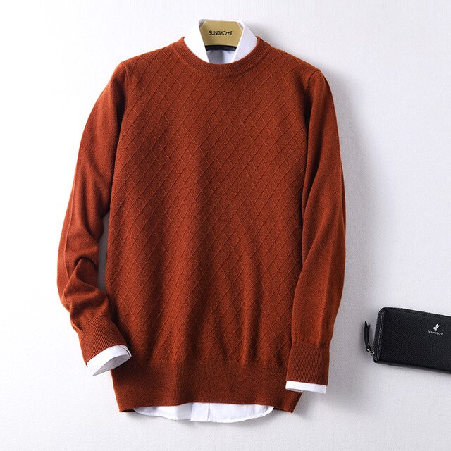 Sparsil Men 100% Cashmere Sweater O-Neck Geometric Pattern Warm Pullovers Full Sleeve Solid Color Jumpers Boys