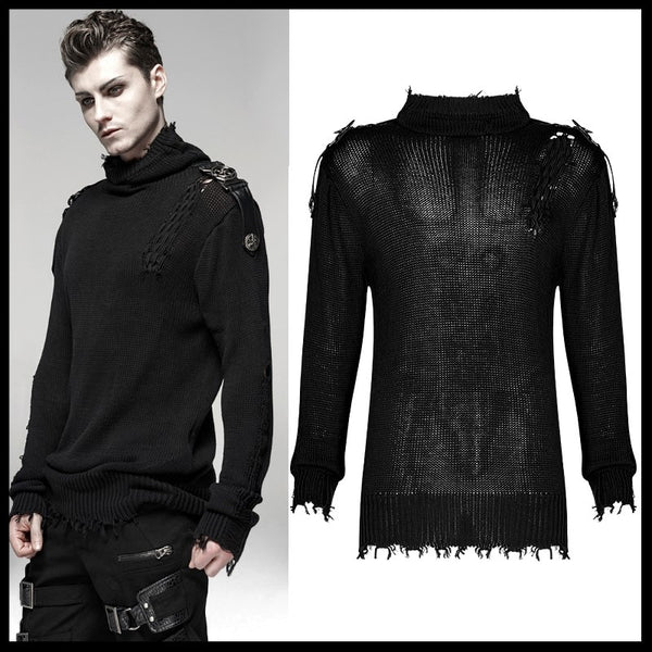 PUNK RAVE Men Gothic Daily Casual Sweater Broken Hole Punk Cosplay Visual Kei Sweater Halloween Men Club Wear Pullover