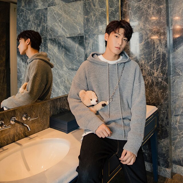 EWQ / 2019 New Fashion Autumn Winter Hooded Collar Drawstring Pullovers Men Loose Casual Japanese Version Knitting Sweater 9A067
