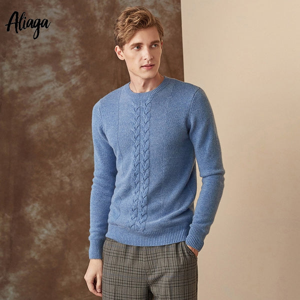 100% Goat Cashmere Knitwear Man Sweaters Thick Warm Pullovers Rib Knitting Fashion O-neck Long Sleeves Brand Red Sweaters Jumper