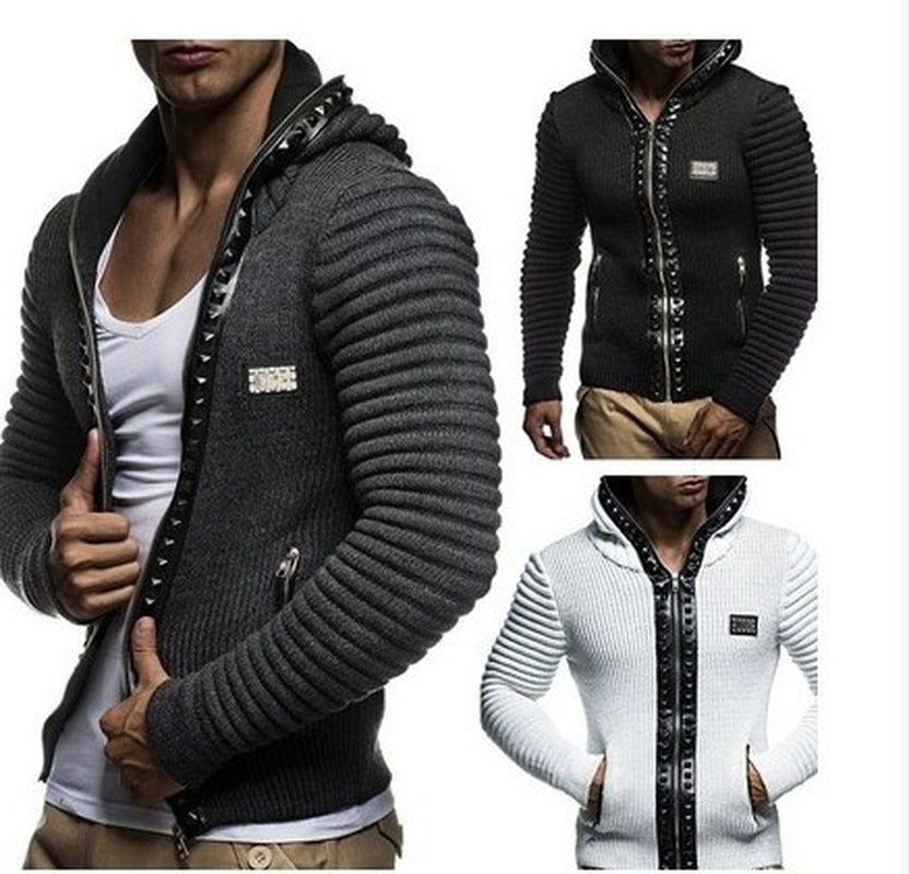 ZOGAA 2019 Brand Men's Sweater Coat Casual Rivet Trim Men's Zipper Sweater Knitted Hooded Jacket Coat Solid Hat Jacket Fashion