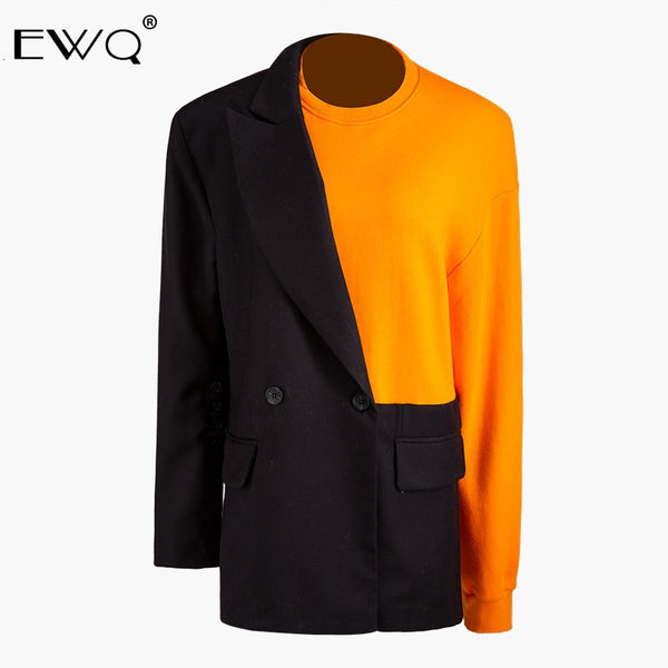 EWQ / 2019 New Fashion Autumn Suit Stitching Asymmetric Sweater Men Round Collar Long Sleeve Contract Color Loose Casual 9A339