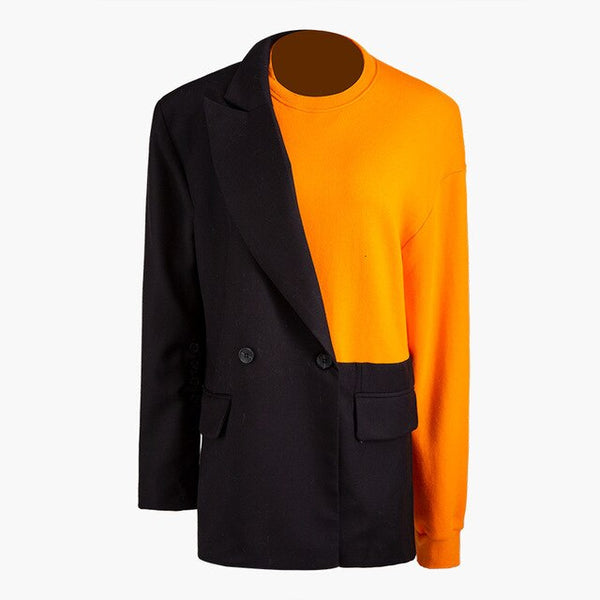 EWQ / 2019 New Fashion Autumn Suit Stitching Asymmetric Sweater Men Round Collar Long Sleeve Contract Color Loose Casual 9A339