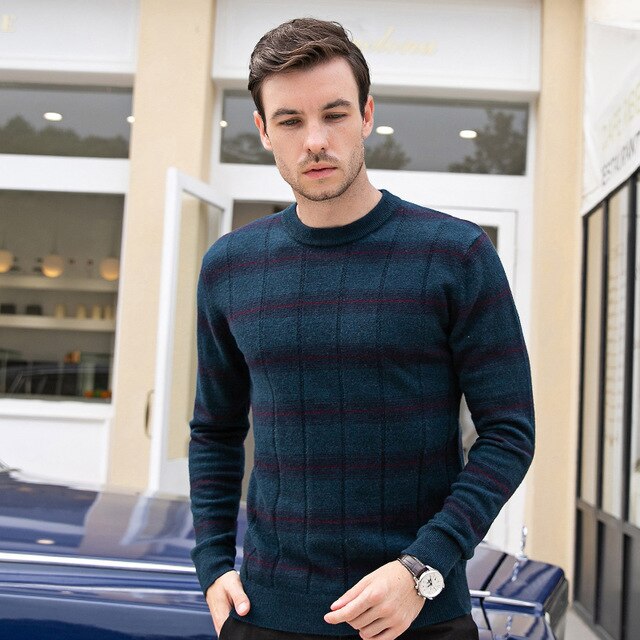2019 new men O-Neck thicken 100% wool Sweater Man pullovers Casual Long Sleeve plaid Sweaters
