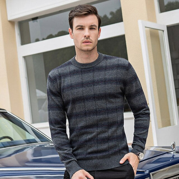2019 new men O-Neck thicken 100% wool Sweater Man pullovers Casual Long Sleeve plaid Sweaters