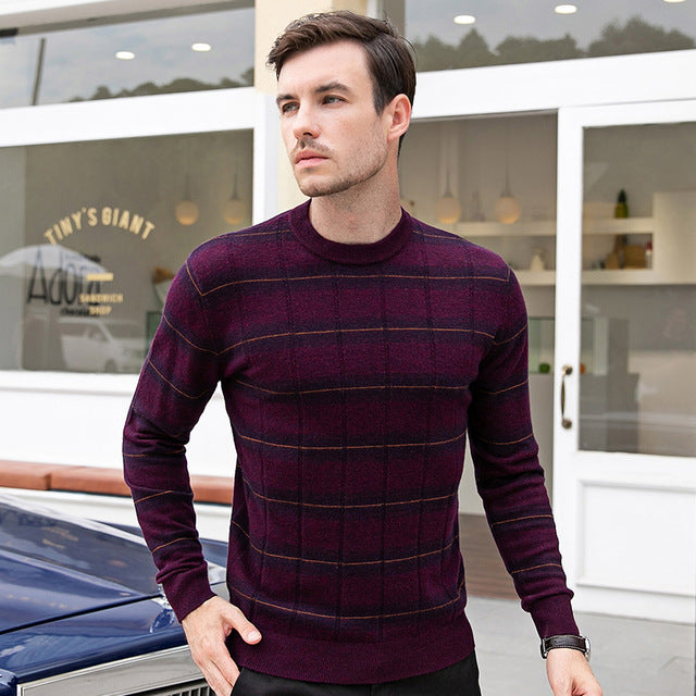 2019 new men O-Neck thicken 100% wool Sweater Man pullovers Casual Long Sleeve plaid Sweaters