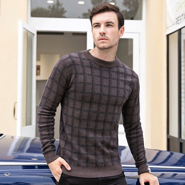 2019 New Mens 100% wool Sweaters Autumn plaid Pullover long Sleeve O-neck Casual Men Winter thicken Jumper