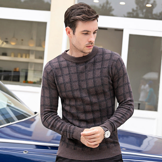 2019 New Mens 100% wool Sweaters Autumn plaid Pullover long Sleeve O-neck Casual Men Winter thicken Jumper