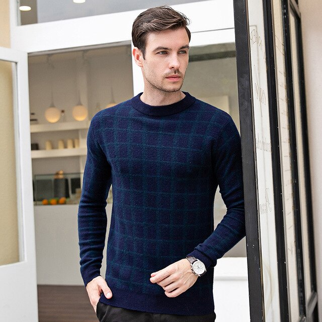 2019 New Mens 100% wool Sweaters Autumn plaid Pullover long Sleeve O-neck Casual Men Winter thicken Jumper