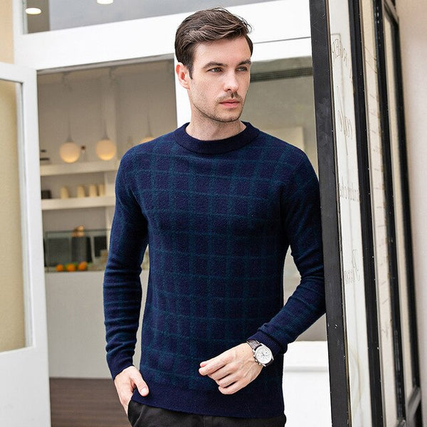 2019 New Mens 100% wool Sweaters Autumn plaid Pullover long Sleeve O-neck Casual Men Winter thicken Jumper