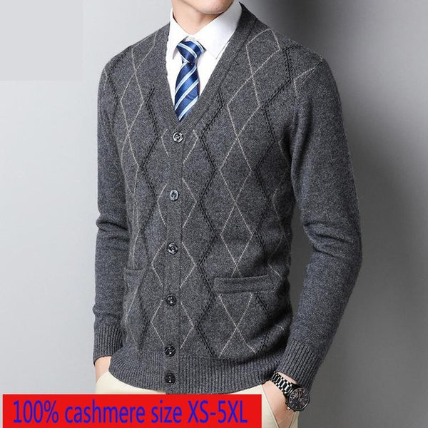 New High Quality 100% Pure Cashmere Men Thickened Warm Computer Knitted V-neck Casual Sweater Plus Size XSSMLXL 2XL 3XL 4XL  5XL