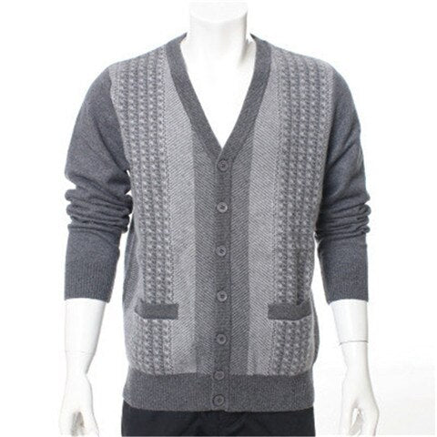 100%goat cashmere jacquard thick knit men fashion plaid v-neck single breasted cardigan sweater grey 3color S-2XL
