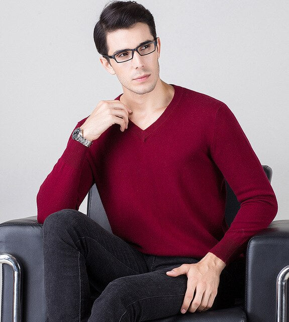 Cashmere 100 Real Sweater Men Casual V-Neck Pullover Men Autumn Slim Fit Long Sleeve Shirt Sweaters Knitted Wool Pull Homme