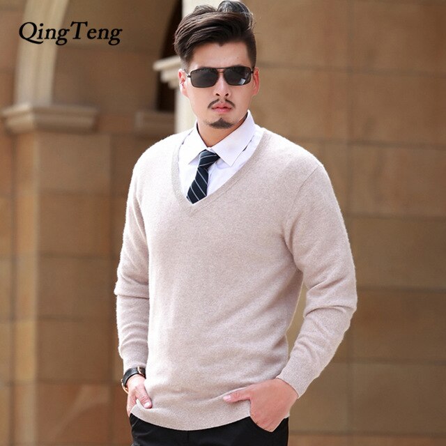 Goat Cashmere 100 Pure Men's Sweater V Neck Slim Men's Pullover Thick Knitted Jacket Male Youth Wholesale Wool Korean Style