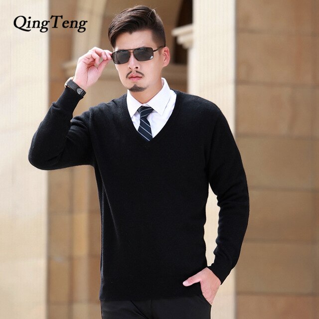 Goat Cashmere 100 Pure Men's Sweater V Neck Slim Men's Pullover Thick Knitted Jacket Male Youth Wholesale Wool Korean Style