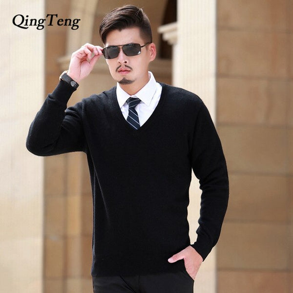 Goat Cashmere 100 Pure Men's Sweater V Neck Slim Men's Pullover Thick Knitted Jacket Male Youth Wholesale Wool Korean Style