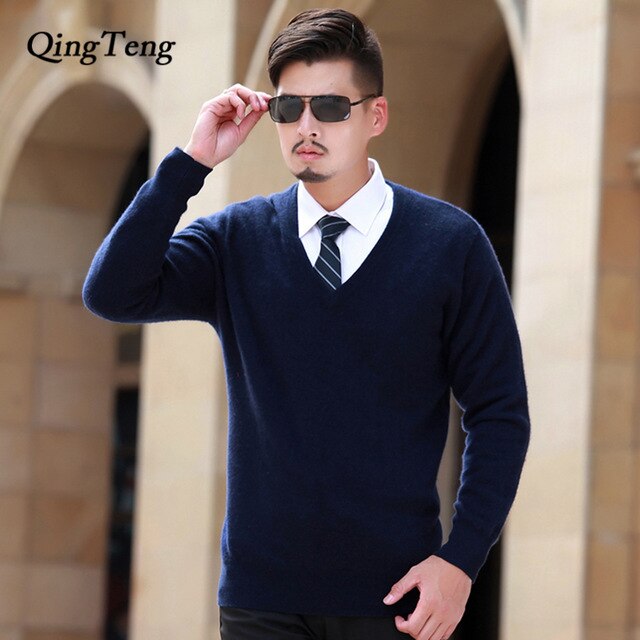 Goat Cashmere 100 Pure Men's Sweater V Neck Slim Men's Pullover Thick Knitted Jacket Male Youth Wholesale Wool Korean Style