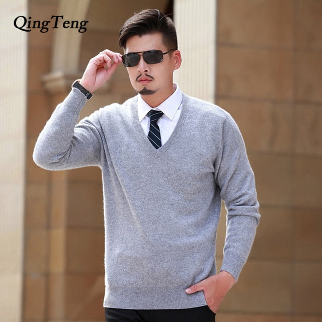 Goat Cashmere 100 Pure Men's Sweater V Neck Slim Men's Pullover Thick Knitted Jacket Male Youth Wholesale Wool Korean Style