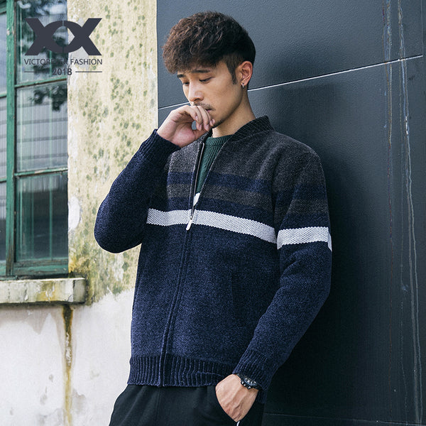 Striped Contrast Thicken Knit Cardigan Jacket Men's Stand Collar Plus Velvet Warm Sweater Men's Jacket