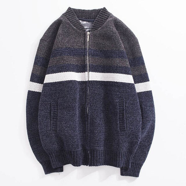 Striped Contrast Thicken Knit Cardigan Jacket Men's Stand Collar Plus Velvet Warm Sweater Men's Jacket