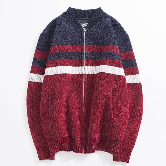 Striped Contrast Thicken Knit Cardigan Jacket Men's Stand Collar Plus Velvet Warm Sweater Men's Jacket