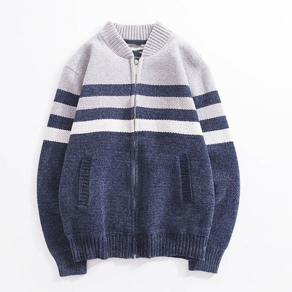 Striped Contrast Thicken Knit Cardigan Jacket Men's Stand Collar Plus Velvet Warm Sweater Men's Jacket
