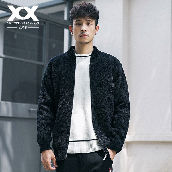 Autumn and winter knit jacket men's thick stand collar solid color plus velvet sweater cardigan men's casual jacket